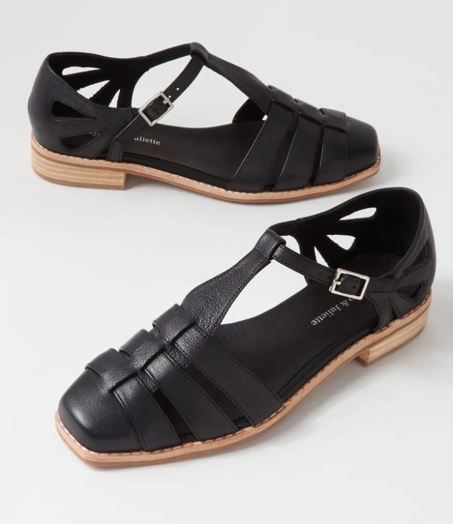Acely Black Leather Flat Shoes