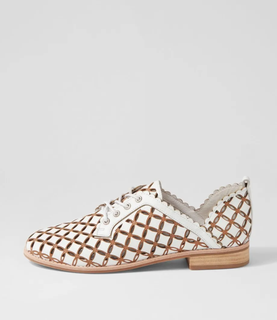 Allosier White Tan Leather Lace Up Flats