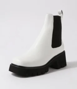 Barakios White Black Leather Elastic Ankle Boots