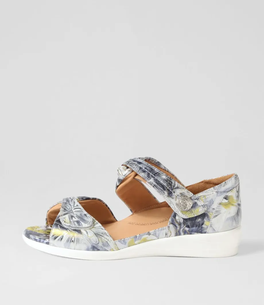 Doxie W Navy Silver Floral Leather Sandals