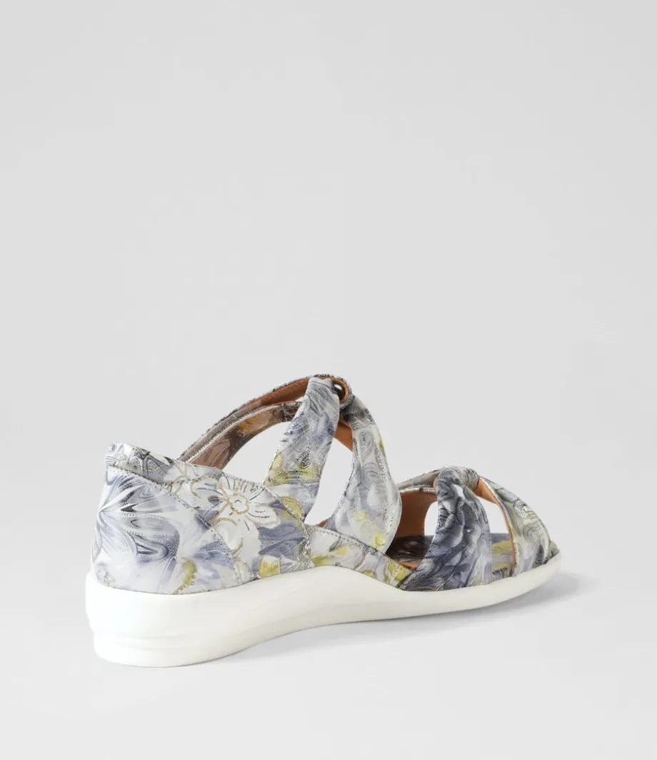 Doxie W Navy Silver Floral Leather Sandals