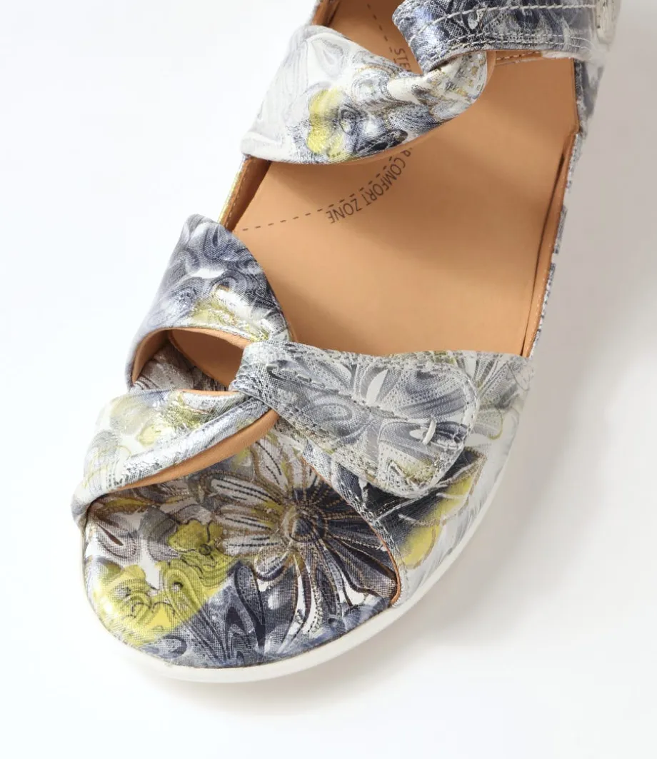 Doxie W Navy Silver Floral Leather Sandals
