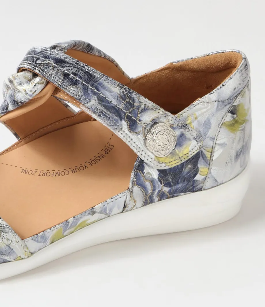 Doxie W Navy Silver Floral Leather Sandals