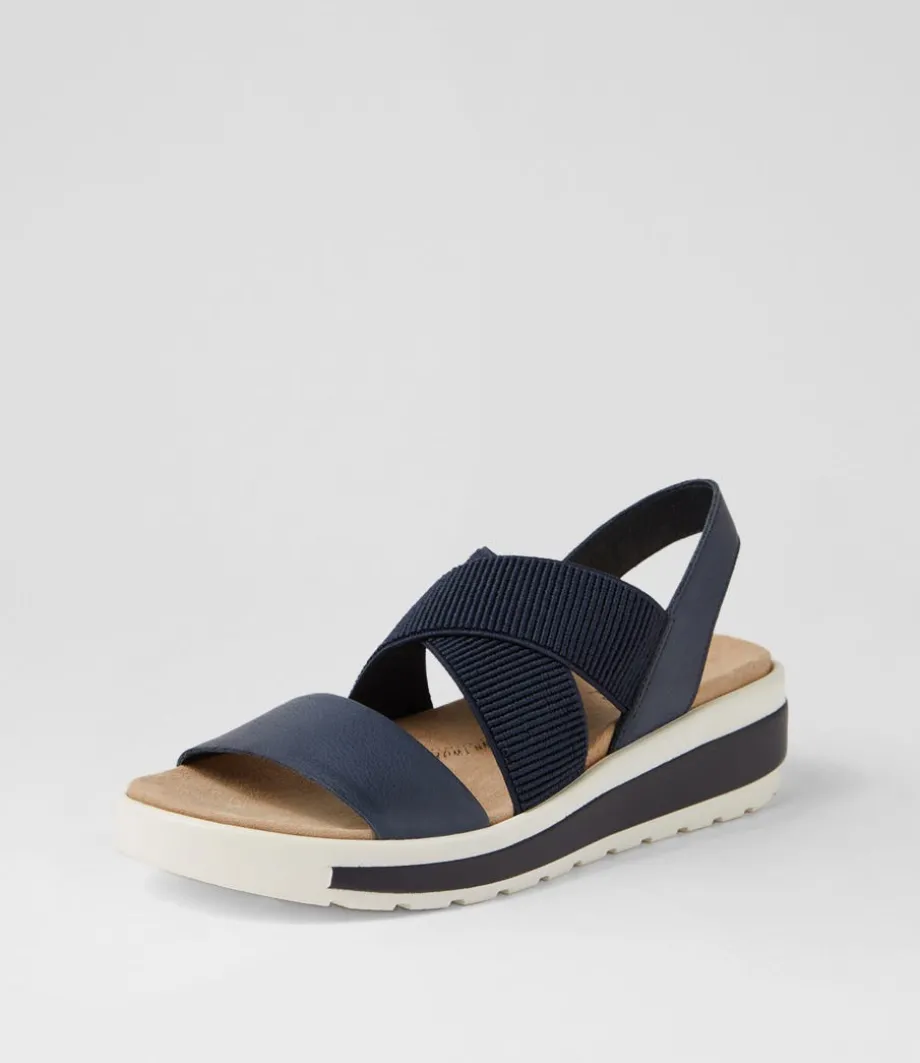 Grandys W Navy Leather Elastic Sandals