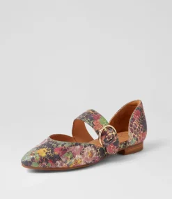Loraa W Green Floral Leather Flat Shoes