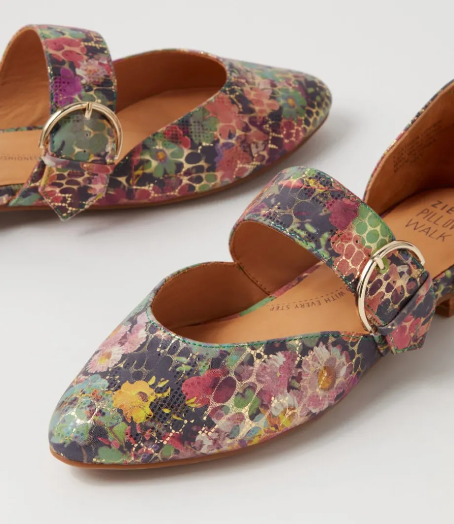 Loraa W Green Floral Leather Flat Shoes