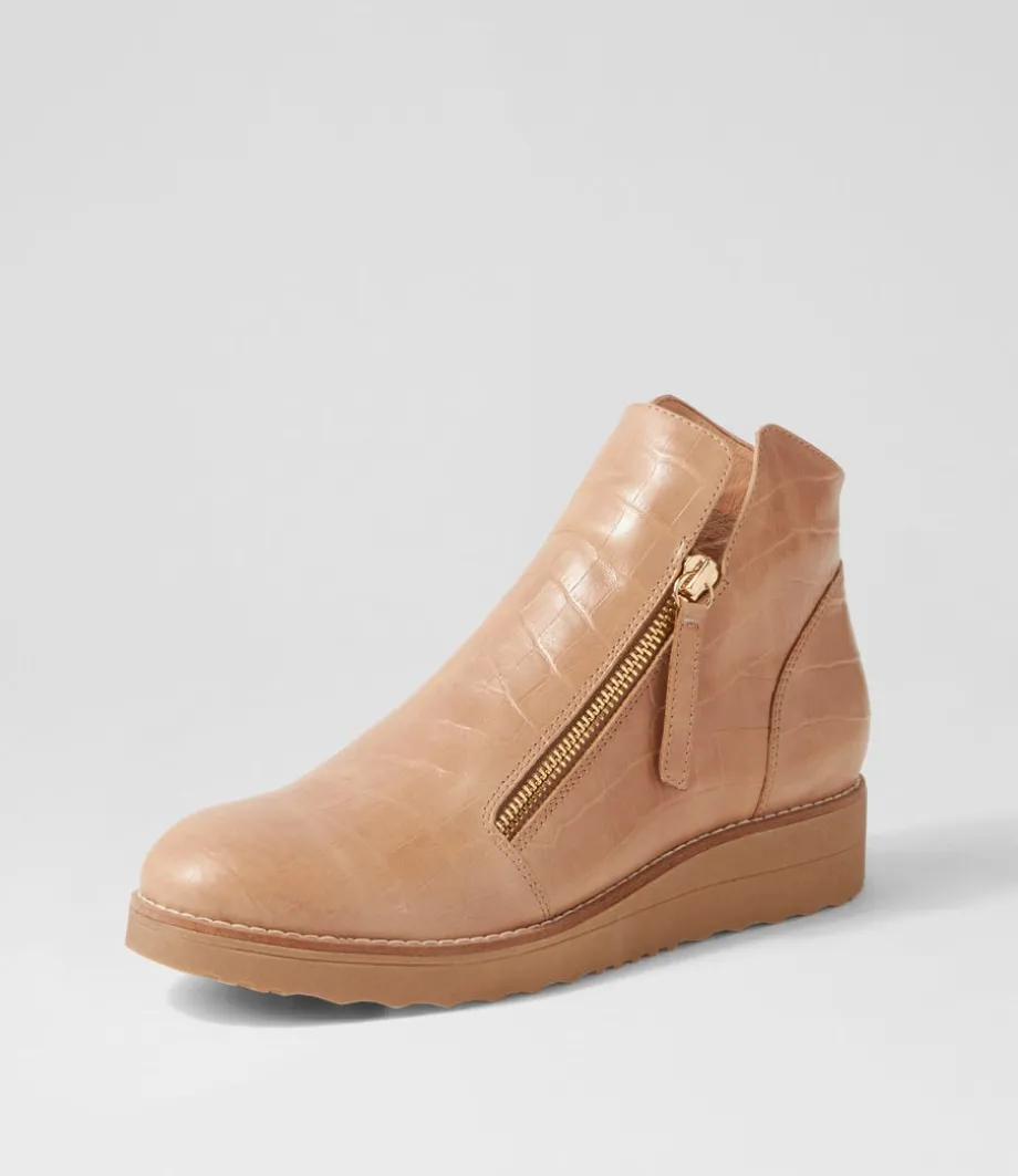Ohmyes Latte Croc Leather Ankle Boots