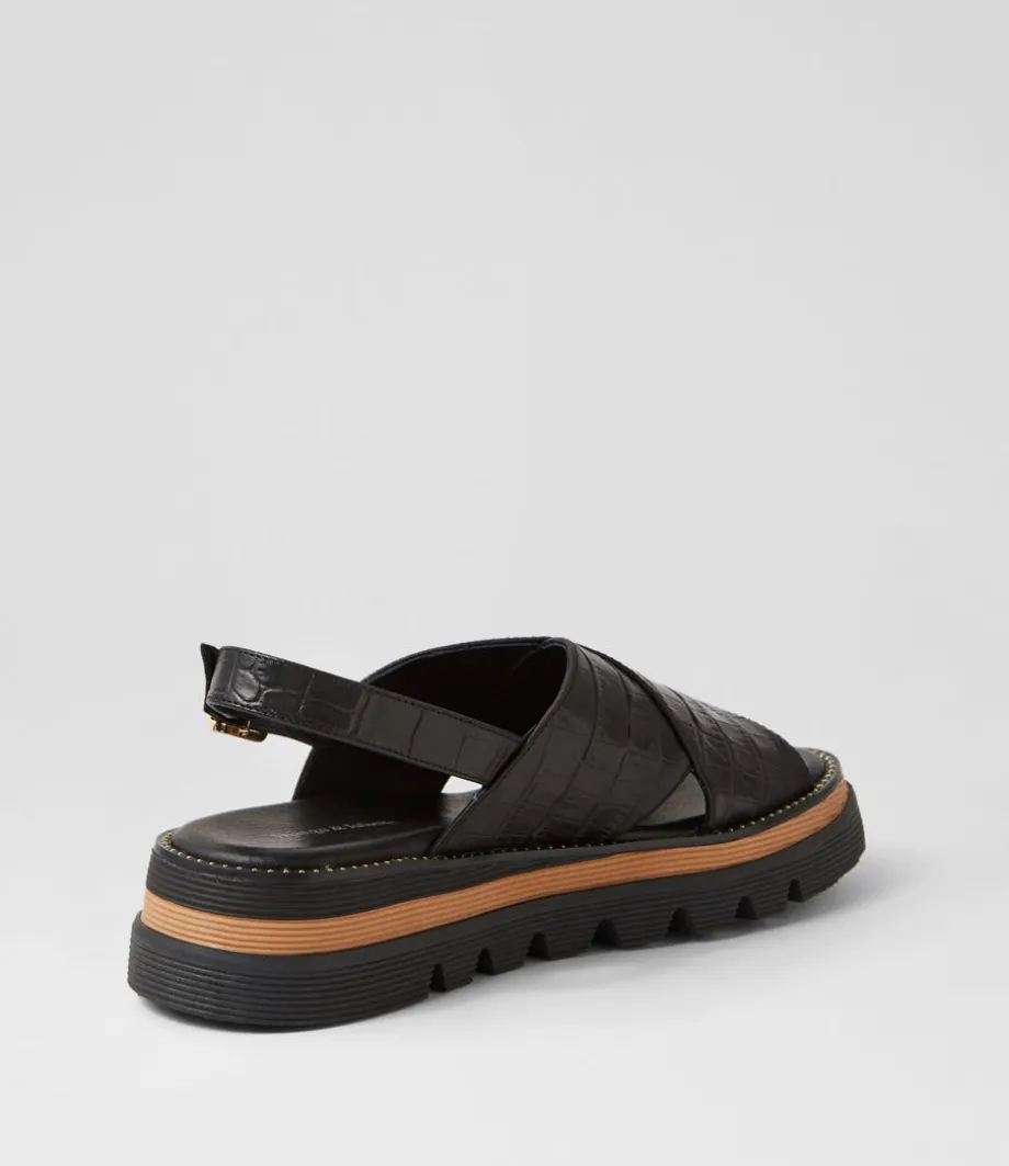 Sasi Black Croc Leather Sandals