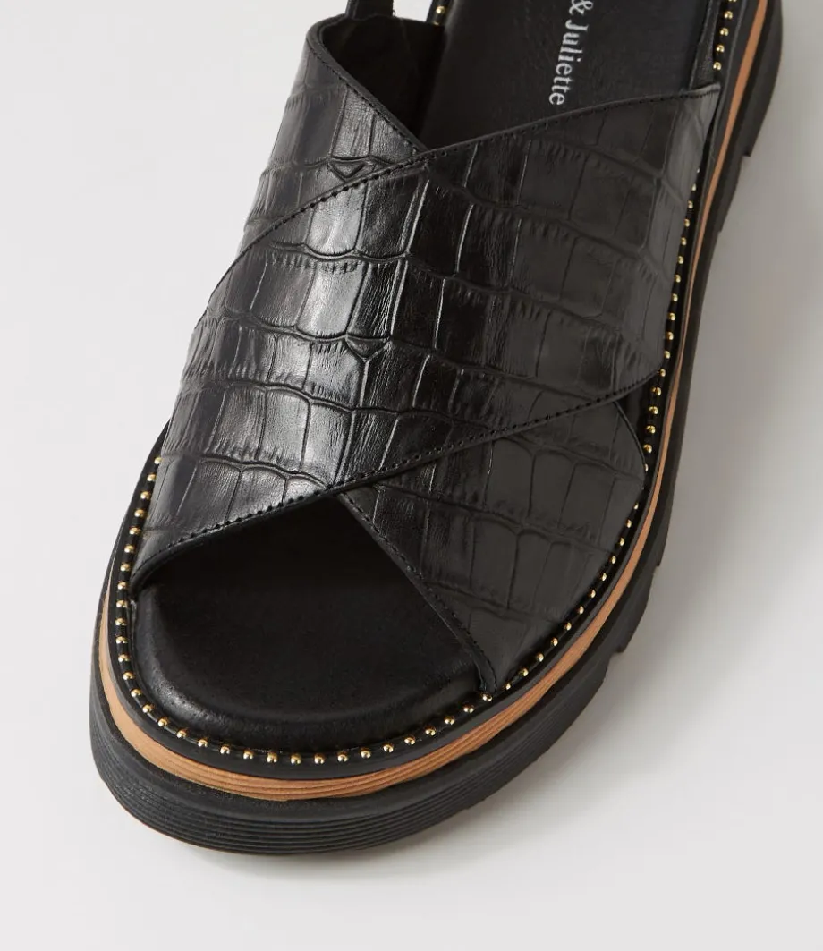 Sasi Black Croc Leather Sandals