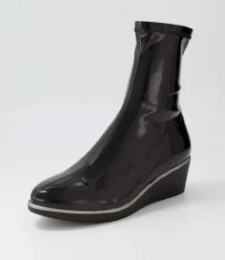 Unax Black Stretch Patent Pu Ankle Boots