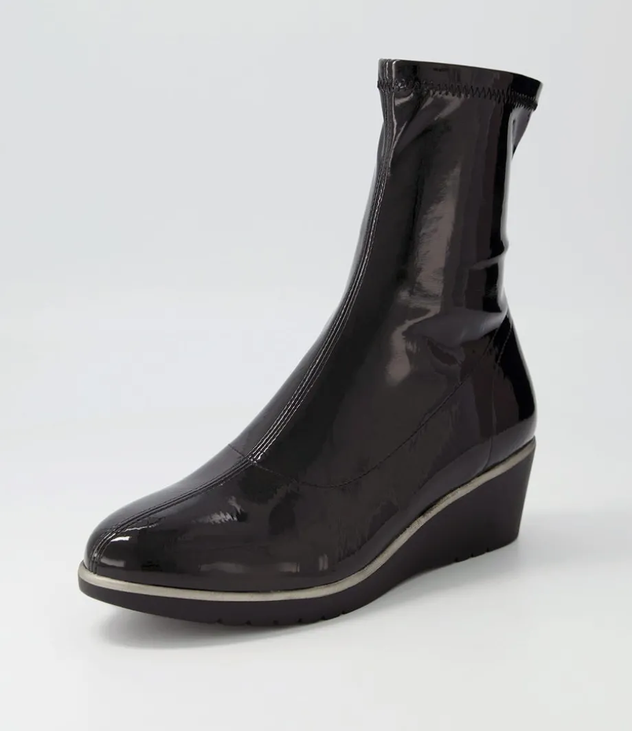 Unax Black Stretch Patent Pu Ankle Boots