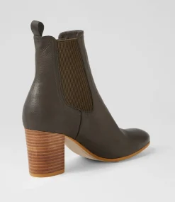 Usset Olive Elastic Leather Ankle Boots