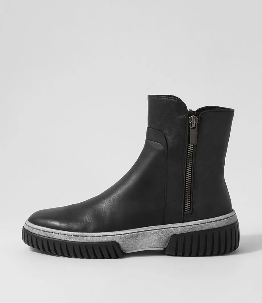 Yeliza Black White Leather Ankle Boots
